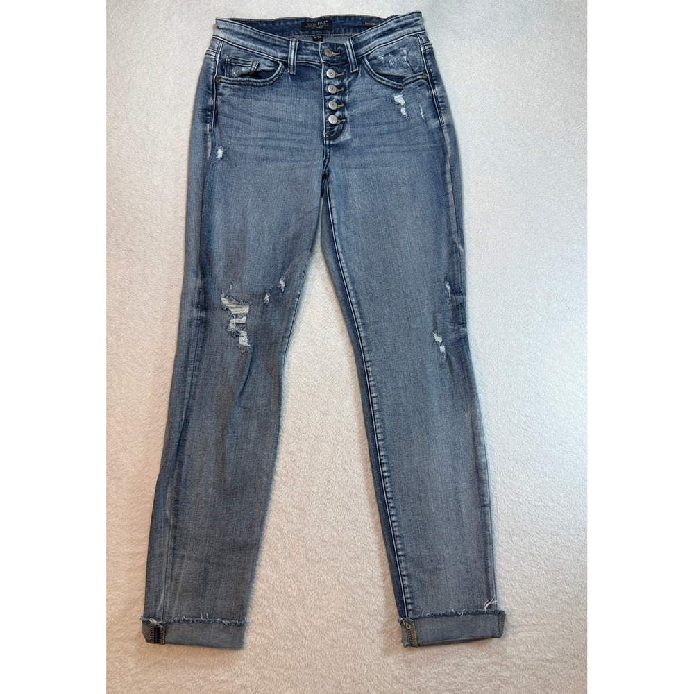 Judy Blue Los Angeles Distressed Boyfriend Jeans Blue Button Fly Size 3 26